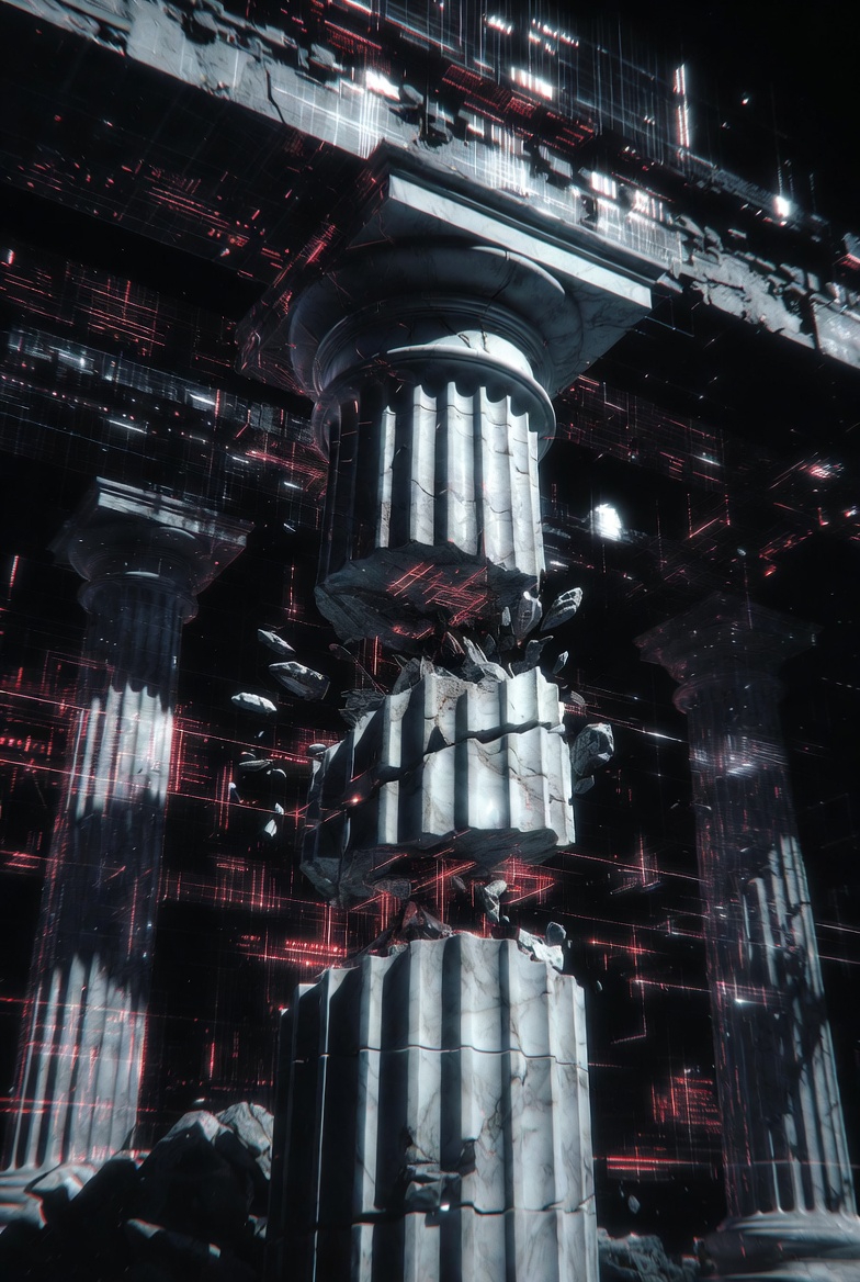A Greek marble column shattering under red digital glitch distortions