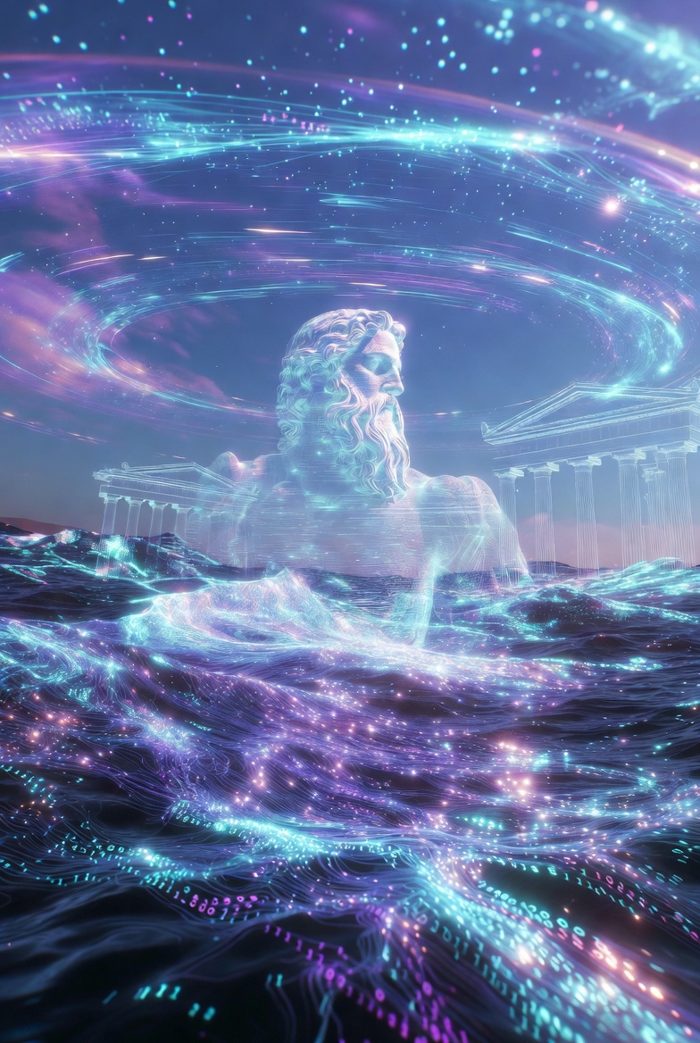 An ethereal Poseidon figure emerging from glowing data streams and digital waves