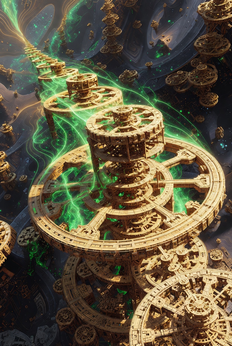 A recursive golden fractal gear structure with green energy currents against dark chaos