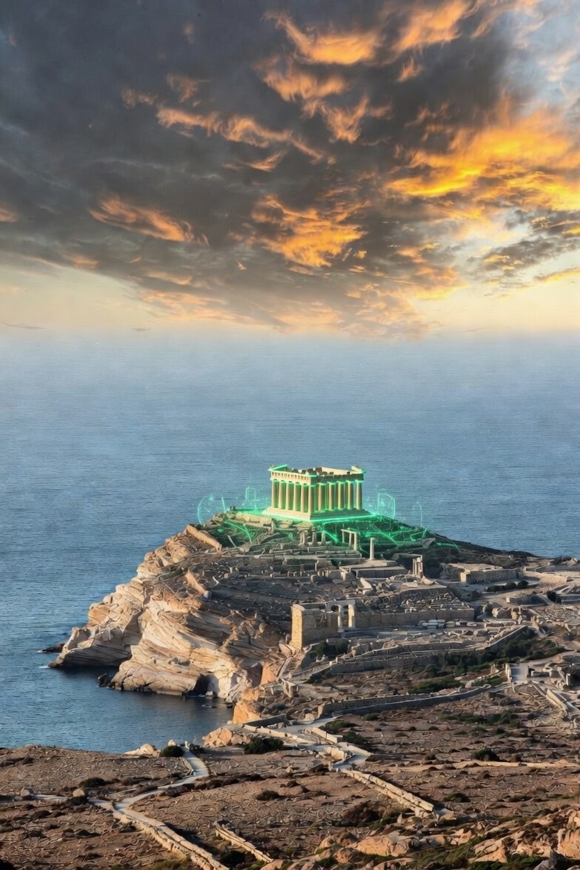 Cape Sounion with a holographic green Greek temple standing over the Aegean sea at sunset